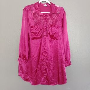Val MODE Fushia Pink satin Shirt Dress Night Gown Vintage Lace Details M